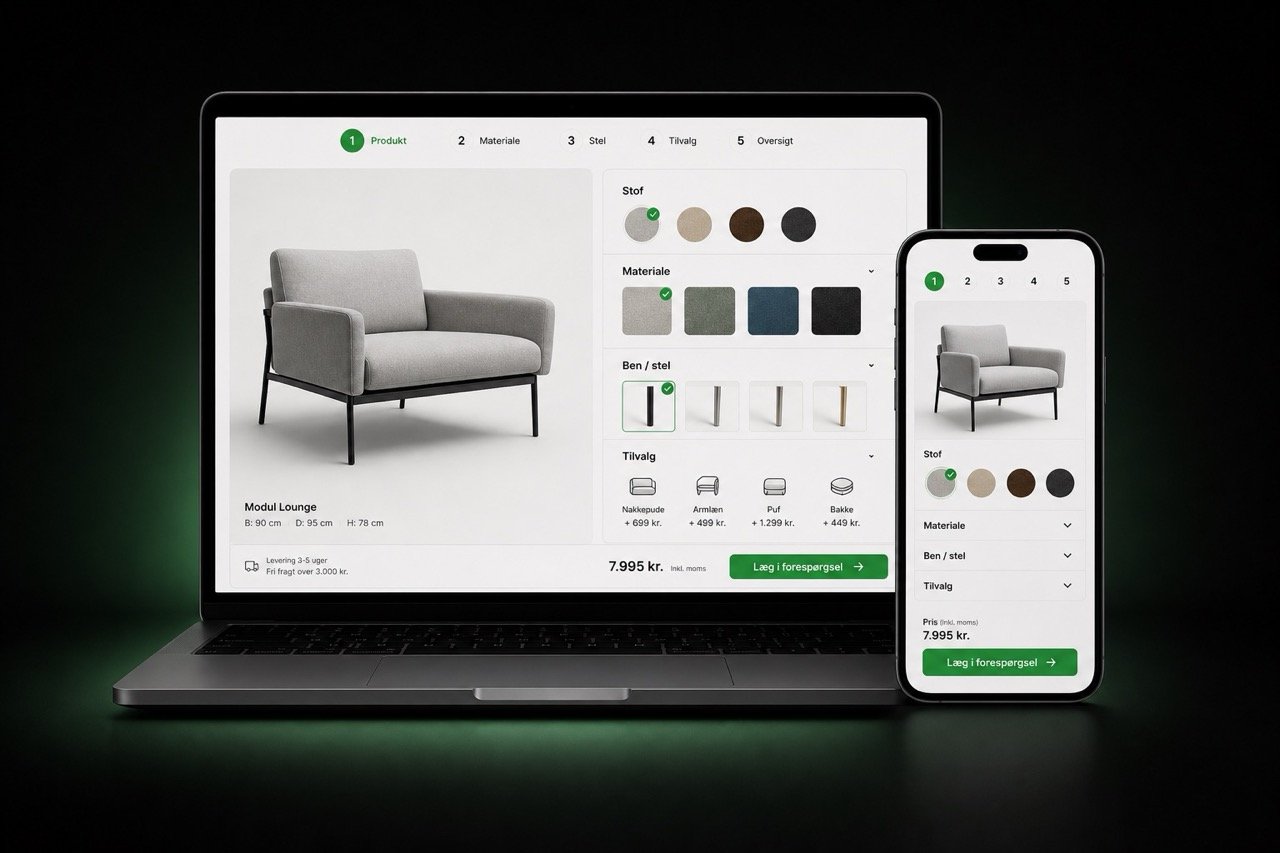 Visualbuy stol konfigurator med grå stof, grå materiale og sort stel