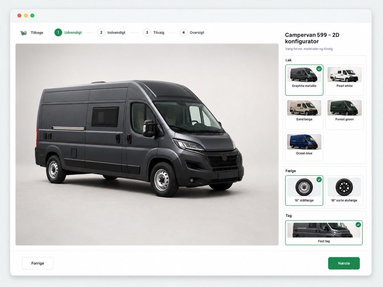 2D-konfigurator demo med campervan og trinbaserede produktvalg
